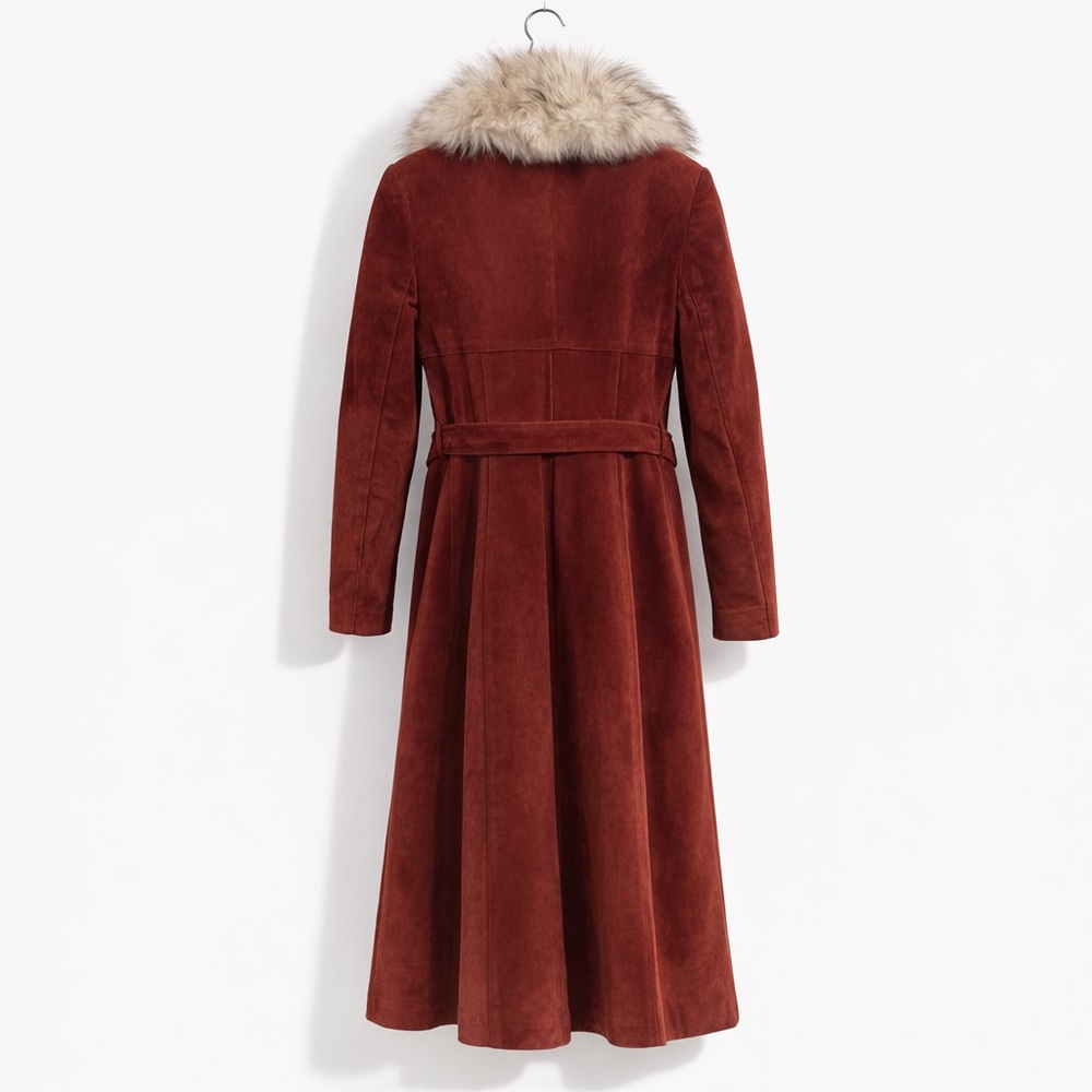SIMPSONS Penny Lane Genuine Suede Leather Coat Real Fur Collar Belted Long Coat - Picture 3 of 16